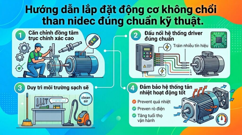 Hướng dẫn lắp đặt động cơ không chổi than nidec đúng chuẩn kỹ thuật.
