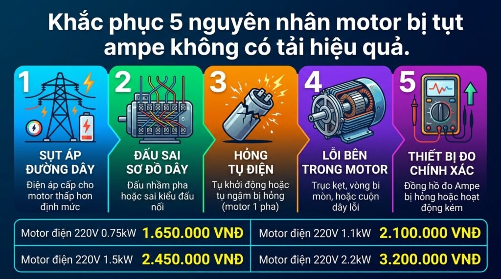 Khắc phục 5 nguyên nhân motor bị tụt ampe không có tải hiệu quả.