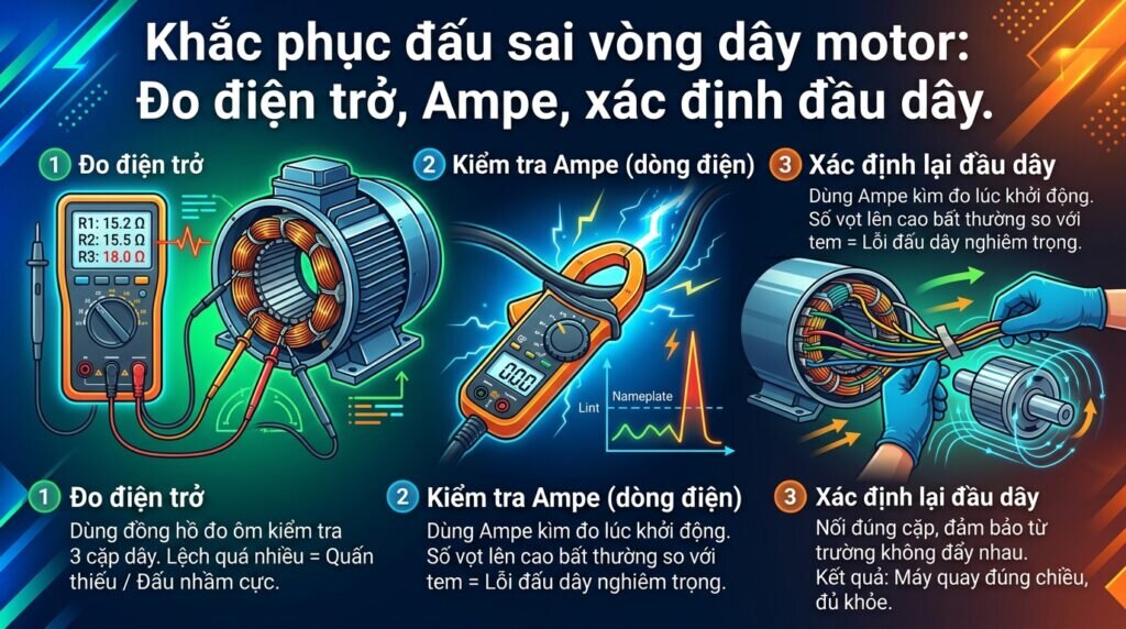 Khắc phục đấu sai vòng dây motor: Đo điện trở, Ampe, xác định đầu dây.