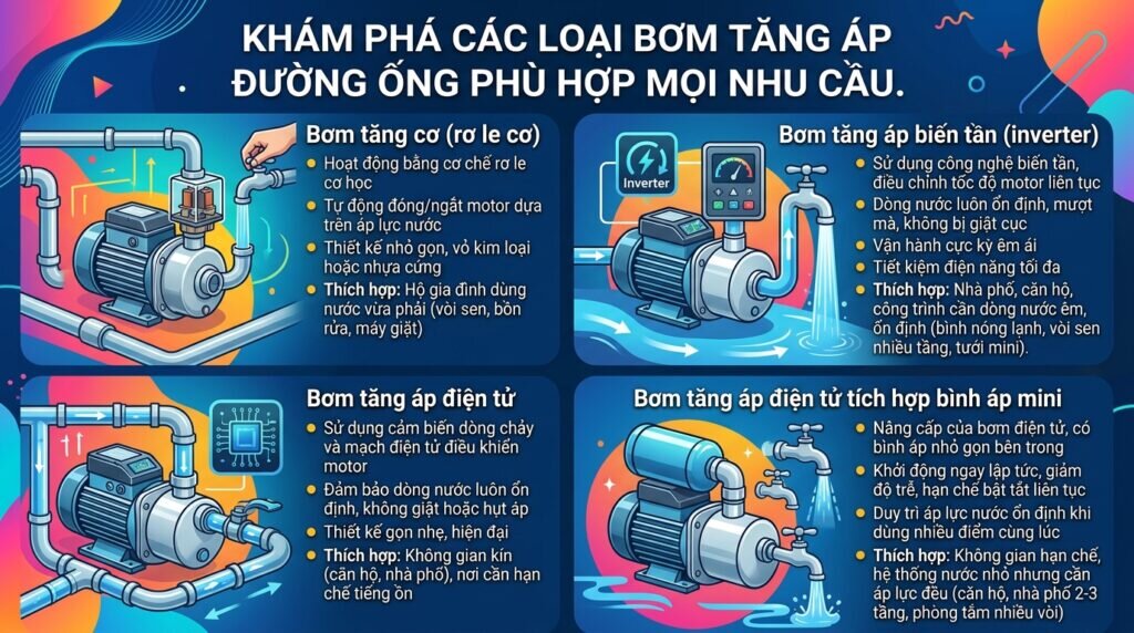 Khám phá các loại bơm tăng áp đường ống phù hợp mọi nhu cầu.