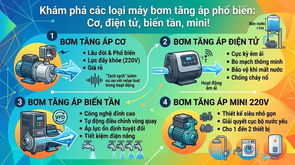 Khám phá các loại máy bơm tăng áp phổ biến: Cơ, điện tử, biến tần, mini!