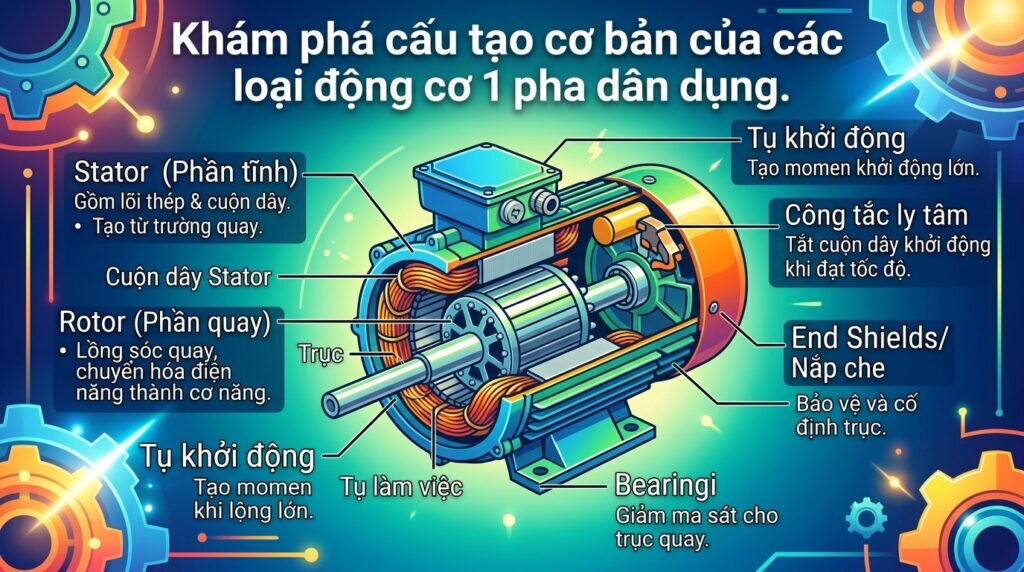 Khám phá cấu tạo cơ bản của các loại động cơ 1 pha dân dụng.