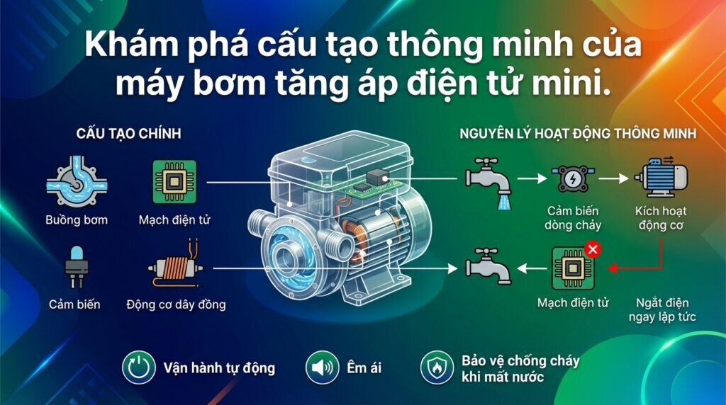 Khám phá cấu tạo thông minh của máy bơm tăng áp điện tử mini.