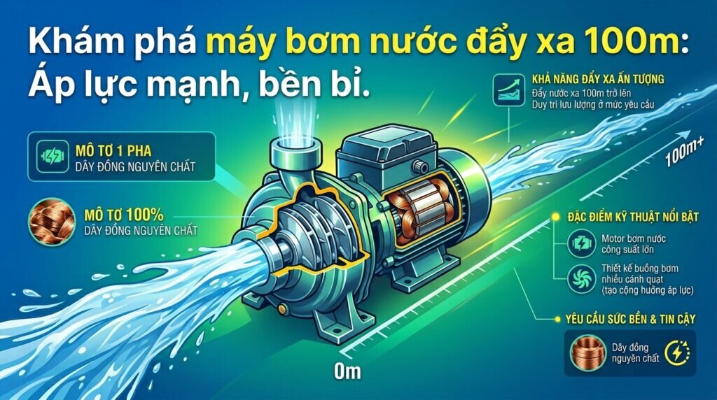 Khám phá máy bơm nước đẩy xa 100m: Áp lực mạnh, bền bỉ.