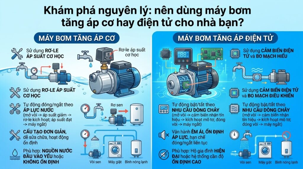 Khám phá nguyên lý: nên dùng máy bơm tăng áp cơ hay điện tử cho nhà bạn?