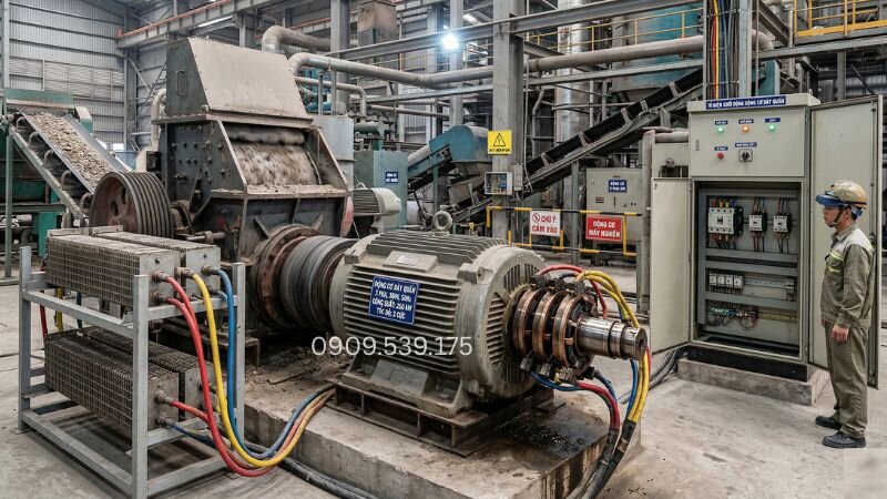 Hình ảnh motor rotor dây quấn với slip ring và bộ điện trở phụ được kết nối.