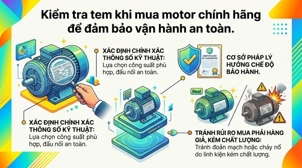 Kiểm tra tem khi mua motor chính hãng để đảm bảo vận hành an toàn.