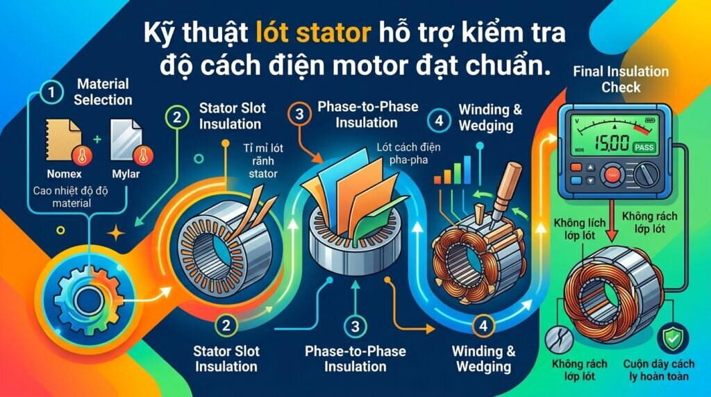 Kỹ thuật lót stator hỗ trợ kiểm tra độ cách điện motor đạt chuẩn.