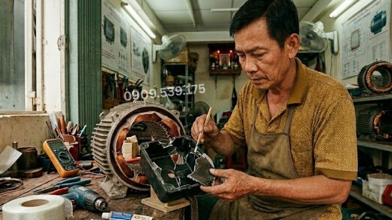 Kỹ thuật viên đang xử lý nắp hộp cực motor bị vỡ.