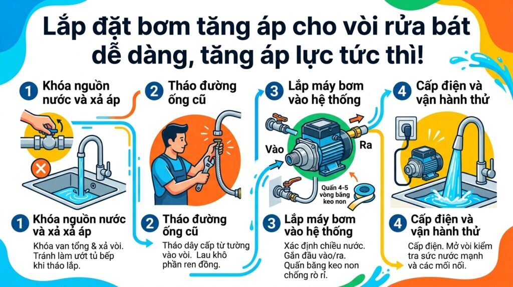 Lắp đặt bơm tăng áp cho vòi rửa bát dễ dàng, tăng áp lực tức thì!