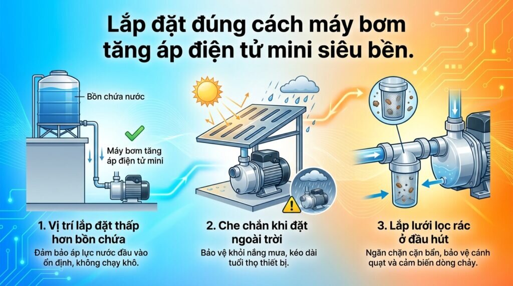 Lắp đặt đúng cách máy bơm tăng áp điện tử mini siêu bền.