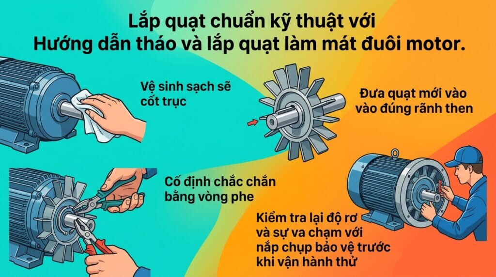 Lắp quạt chuẩn kỹ thuật với Hướng dẫn tháo và lắp quạt làm mát đuôi motor.
