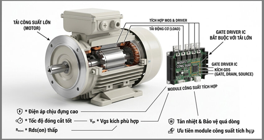 Việc lựa chọn MOSFET và driver phù hợp là yếu tố quyết định để điều khiển động cơ điện 1 chiều đạt hiệu suất cao