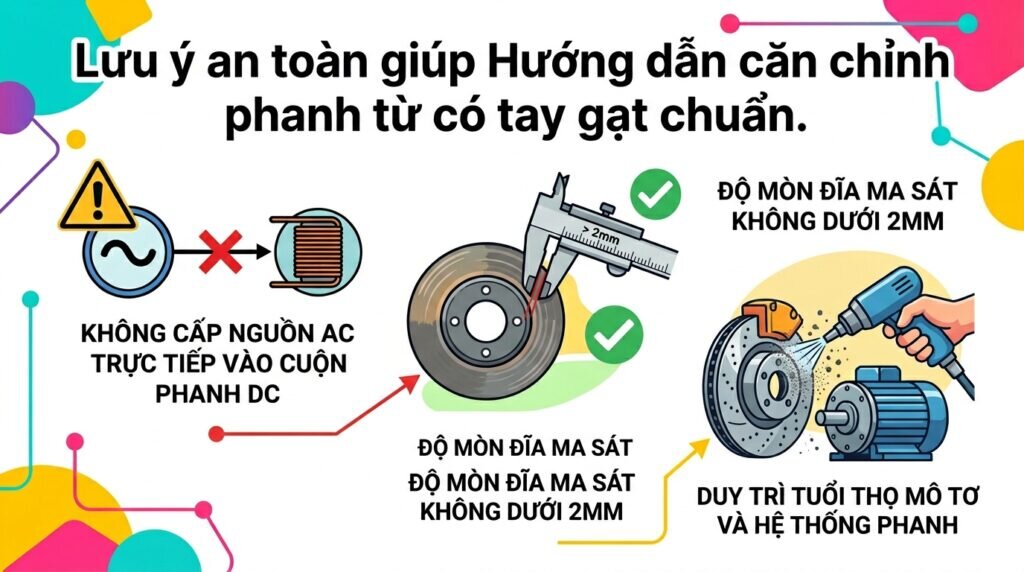 Lưu ý an toàn giúp Hướng dẫn căn chỉnh phanh từ có tay gạt chuẩn.