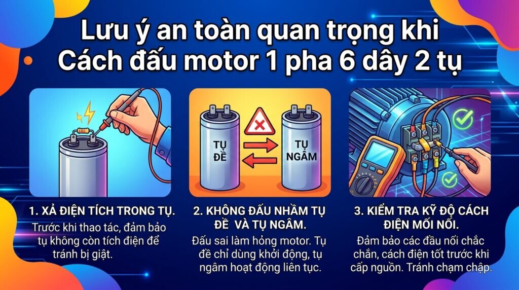 Lưu ý an toàn quan trọng khi Cách đấu motor 1 pha 6 dây 2 tụ