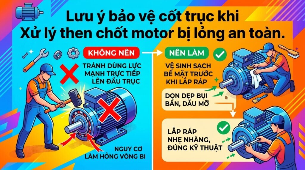 Lưu ý bảo vệ cốt trục khi Xử lý then chốt motor bị lỏng an toàn.