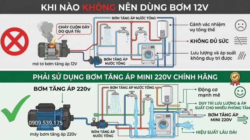 Lưu ý khi nào không nên dùng bơm tăng áp 12v