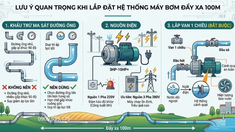 Lưu ý về máy bơm nước đẩy xa 100m