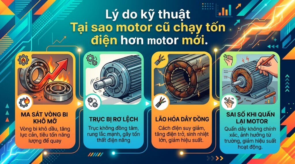 Lý do kỹ thuật Tại sao motor cũ chạy tốn điện hơn motor mới.