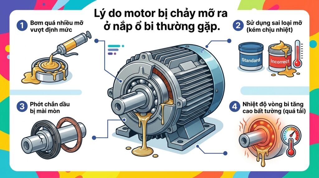 Lý do motor bị chảy mỡ ra ở nắp ổ bi thường gặp.