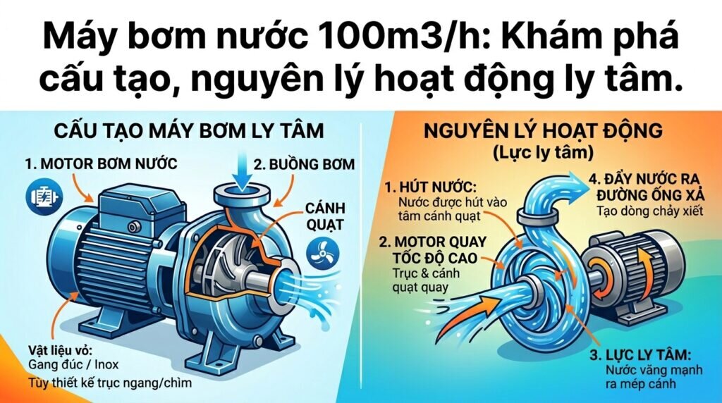 Máy bơm nước 100m3/h: Khám phá cấu tạo, nguyên lý hoạt động ly tâm.