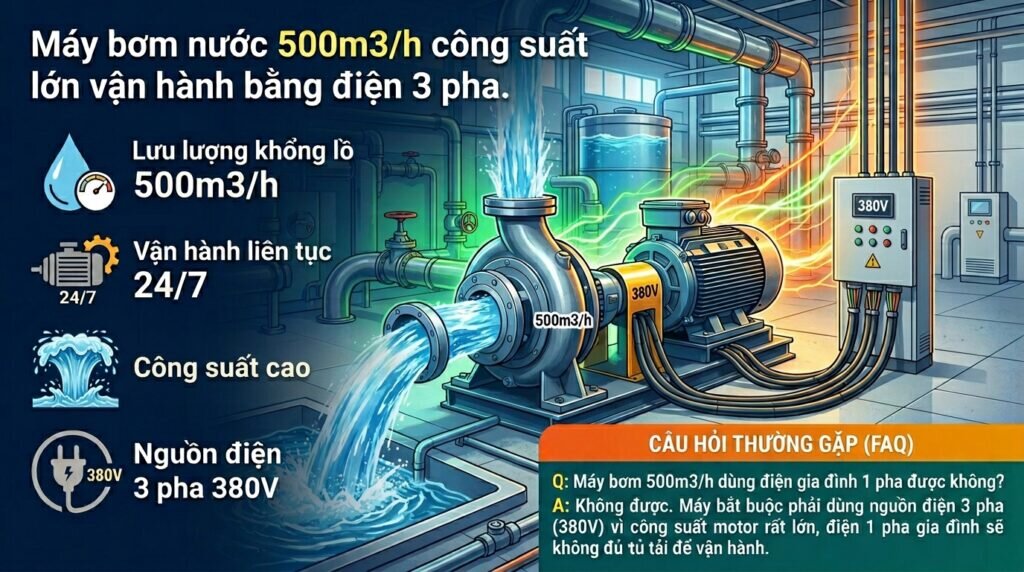 Máy bơm nước 500m3/h công suất lớn vận hành bằng điện 3 pha.