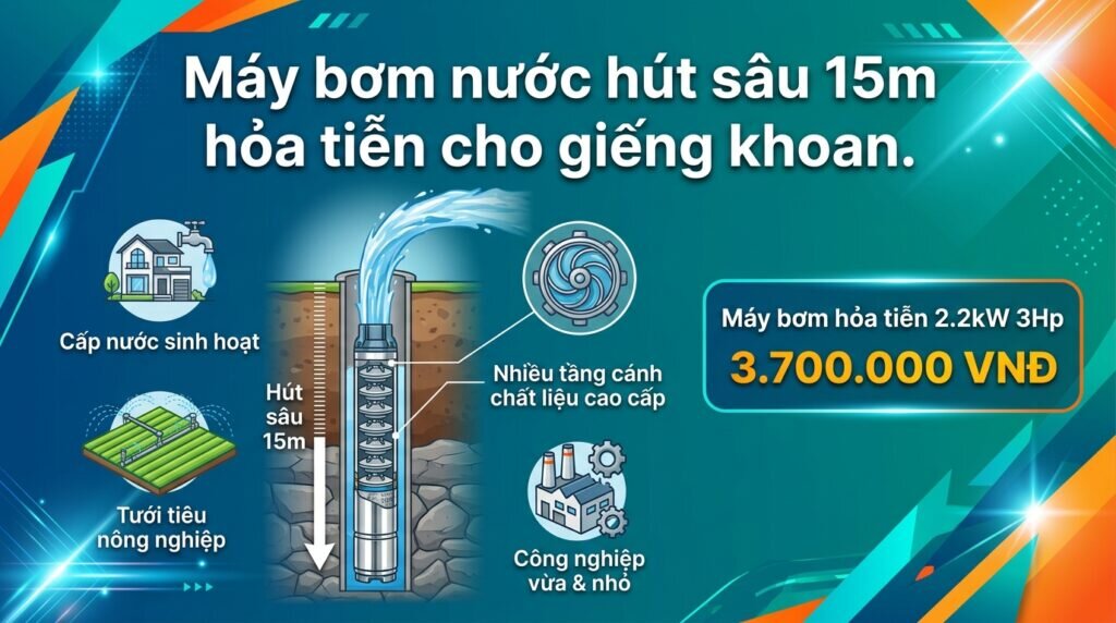 Máy bơm nước hút sâu 15m hỏa tiễn cho giếng khoan.