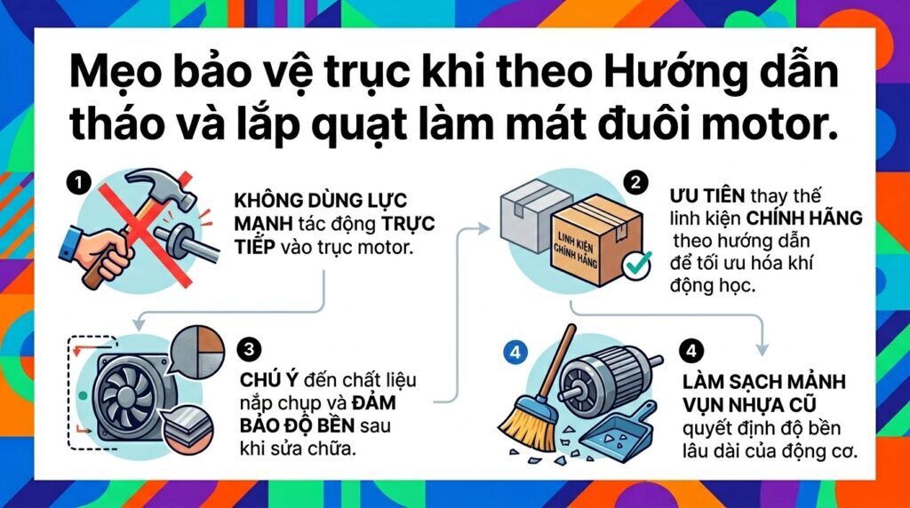 Mẹo bảo vệ trục khi theo Hướng dẫn tháo và lắp quạt làm mát đuôi motor.