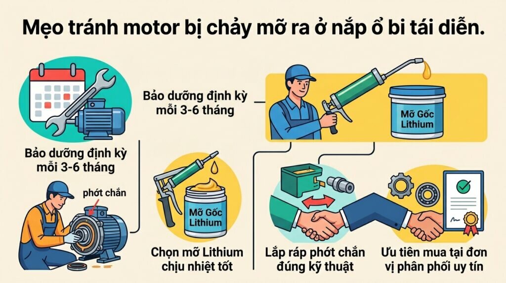 Mẹo tránh motor bị chảy mỡ ra ở nắp ổ bi tái diễn.