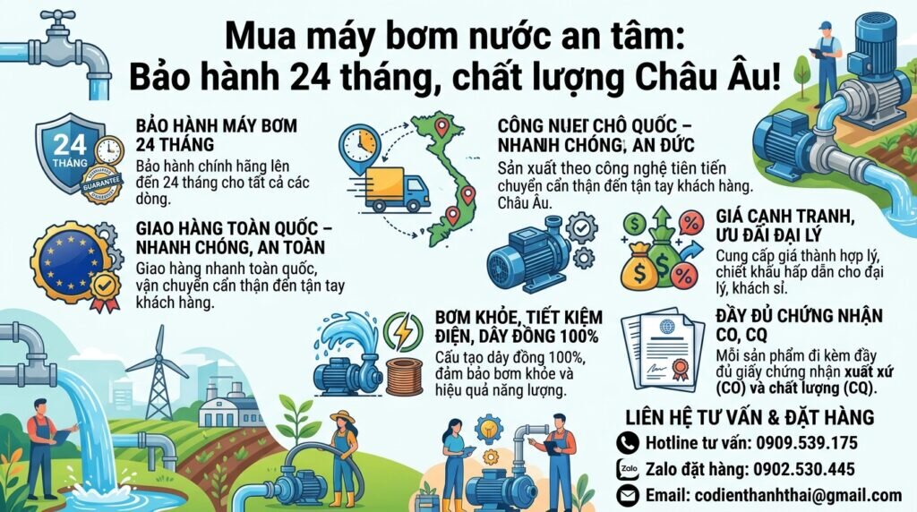 Mua máy bơm nước an tâm: Bảo hành 24 tháng, chất lượng Châu Âu!