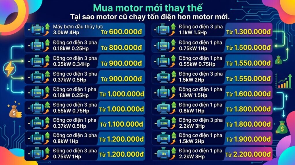 Mua motor mới thay thế Tại sao motor cũ chạy tốn điện hơn motor mới.
