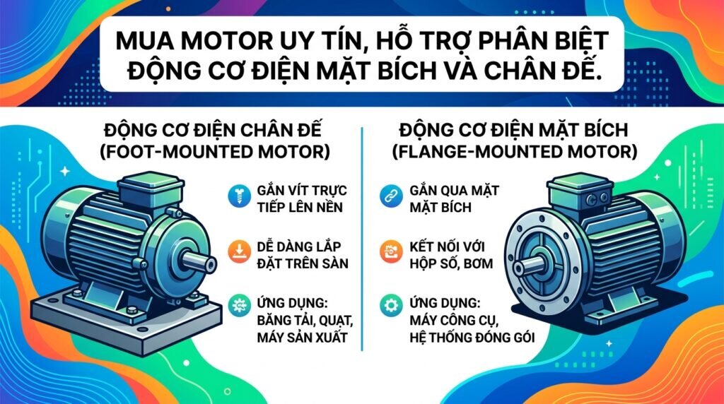 Mua motor uy tín, hỗ trợ Phân biệt động cơ điện mặt bích và chân đế.