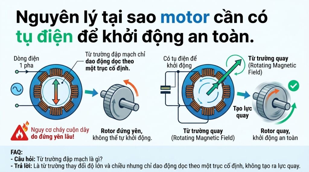 Nguyên lý tại sao motor cần có tụ điện để khởi động an toàn.