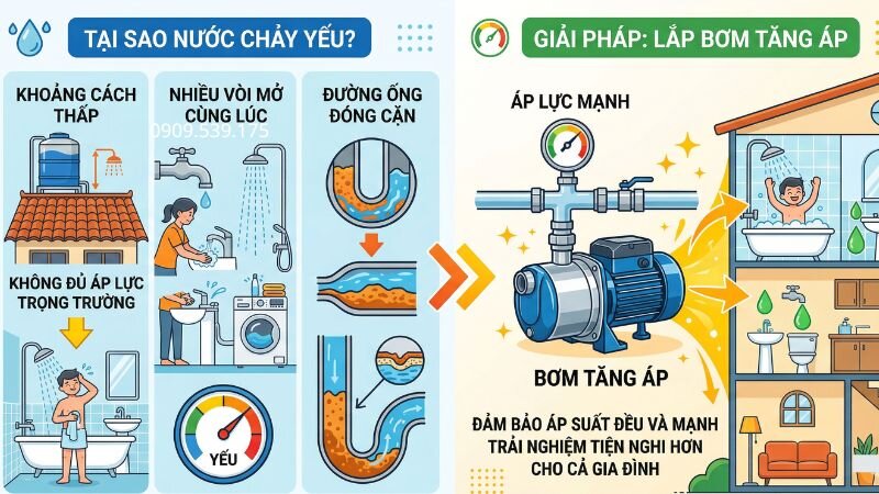 Nguyên nhân bơm nước chảy và sử dụng bơm tằn áp