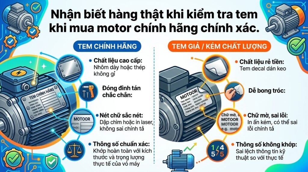 Nhận biết hàng thật khi kiểm tra tem khi mua motor chính hãng chính xác.
