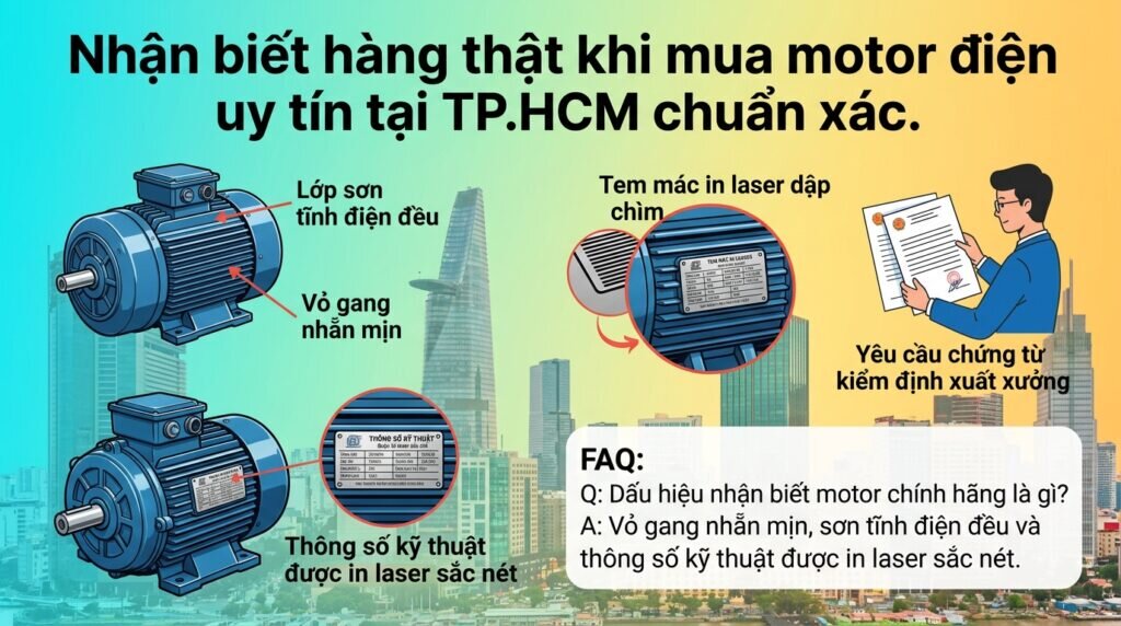 Nhận biết hàng thật khi mua motor điện uy tín tại TP.HCM chuẩn xác.