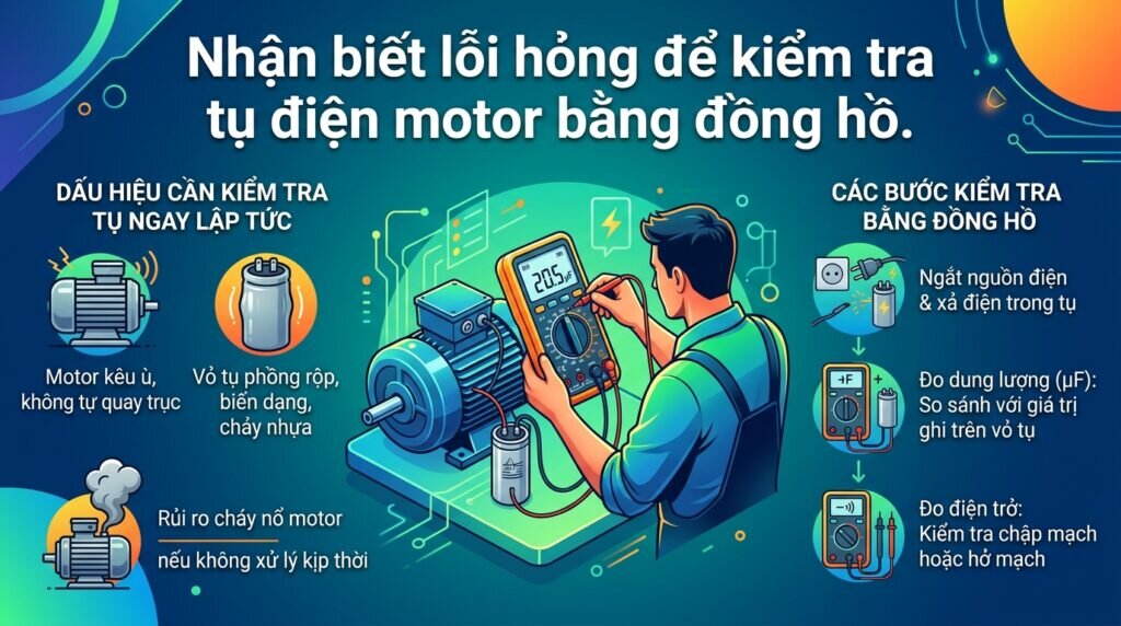 Nhận biết lỗi hỏng để kiểm tra tụ điện motor bằng đồng hồ.