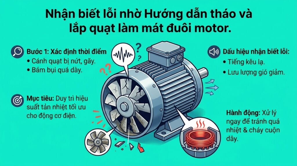 Nhận biết lỗi nhờ Hướng dẫn tháo và lắp quạt làm mát đuôi motor.