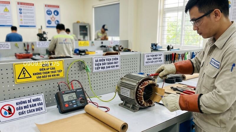 An toàn thao tác: Xả điện tích sau khi đo bằng dây tiếp địa để tránh giật và cẩn thận với các mép thép sắc nhọn khi lót giấy