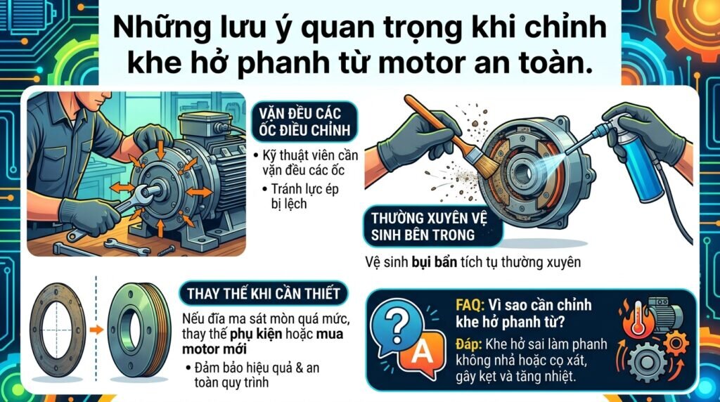 Những lưu ý quan trọng khi chỉnh khe hở phanh từ motor an toàn.