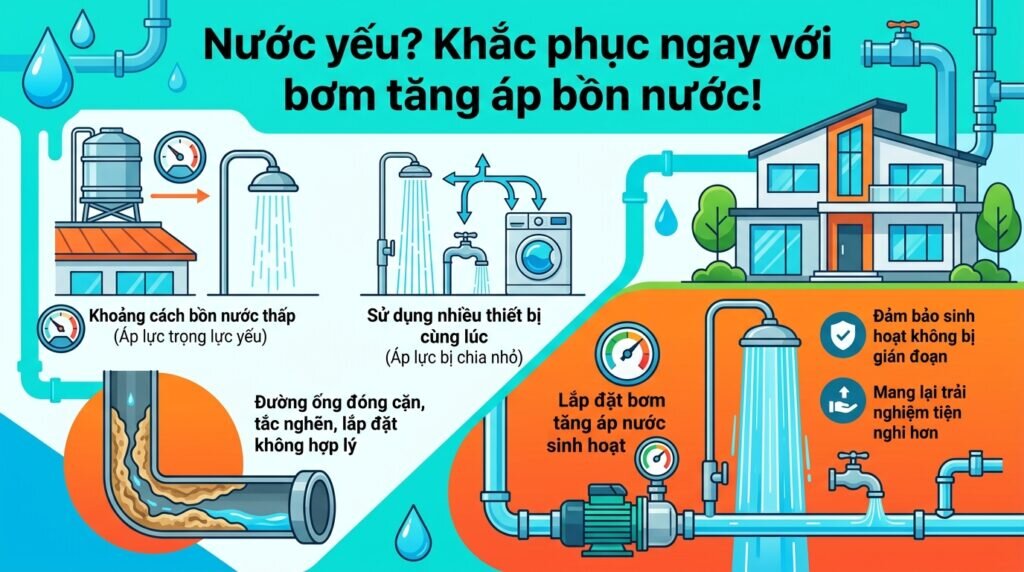 Nước yếu? Khắc phục ngay với bơm tăng áp bồn nước!