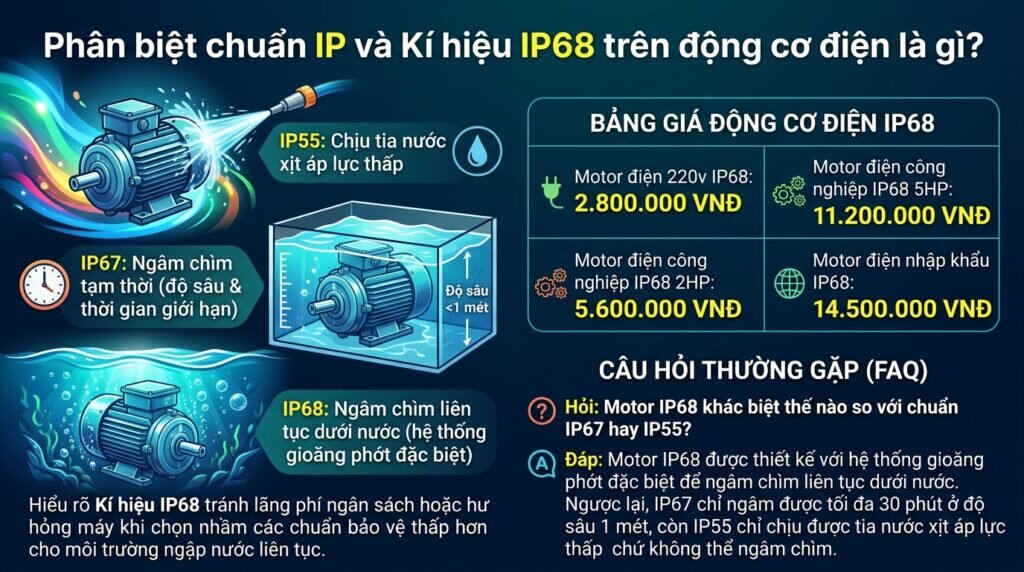 Phân biệt chuẩn IP và Kí hiệu IP68 trên động cơ điện là gì?