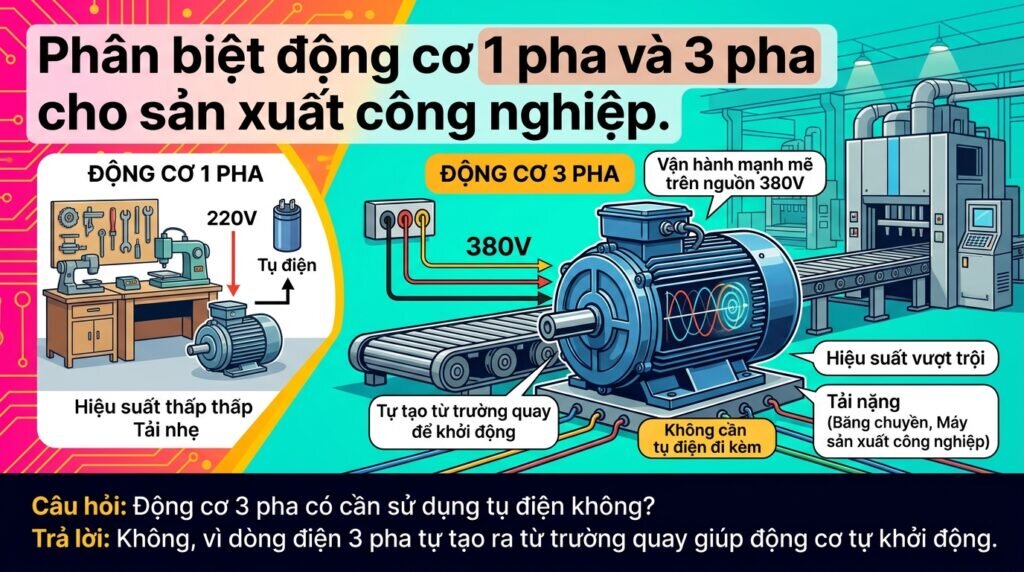 Phân biệt động cơ 1 pha và 3 pha cho sản xuất công nghiệp.