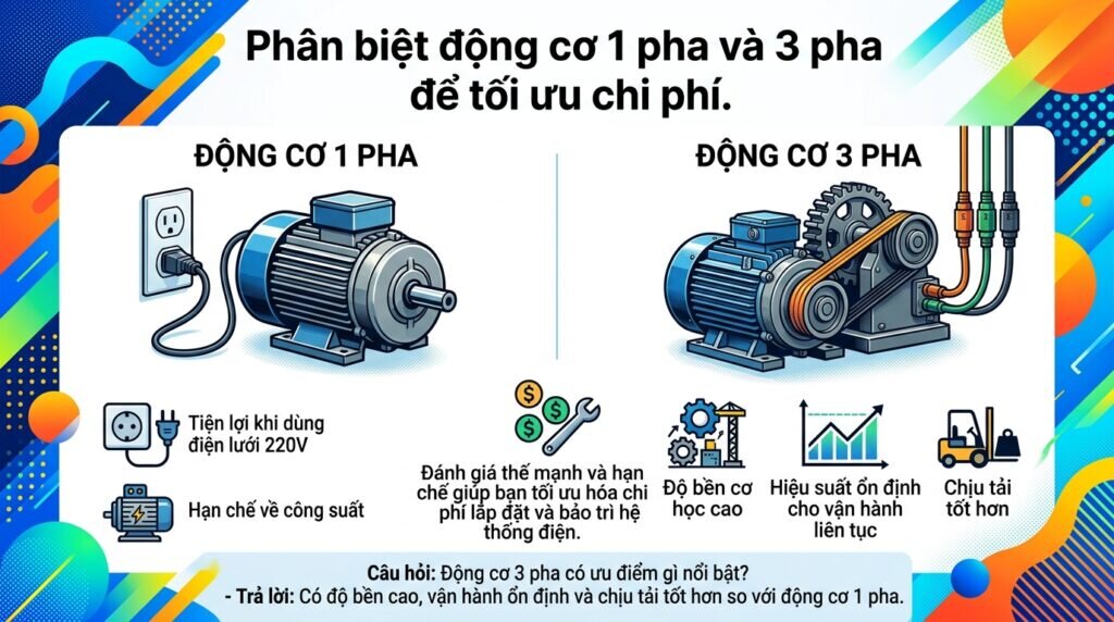 Phân biệt động cơ 1 pha và 3 pha để tối ưu chi phí.