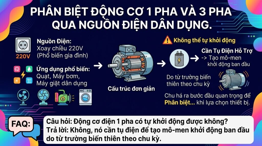 Phân biệt động cơ 1 pha và 3 pha qua nguồn điện dân dụng.