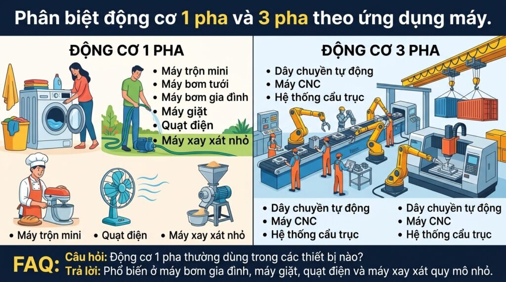 Phân biệt động cơ 1 pha và 3 pha theo ứng dụng máy.