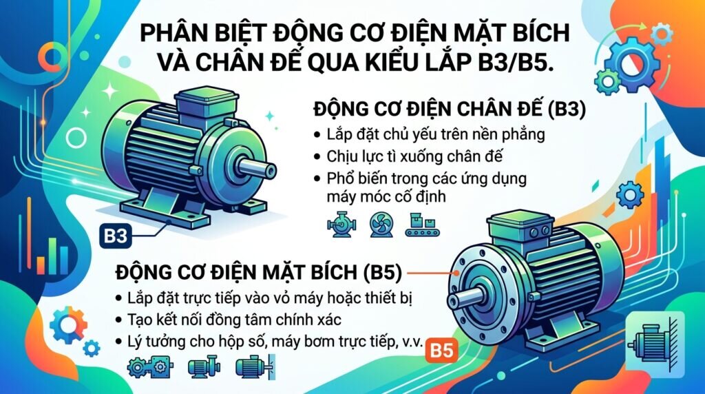 Phân biệt động cơ điện mặt bích và chân đế qua kiểu lắp B3/B5.