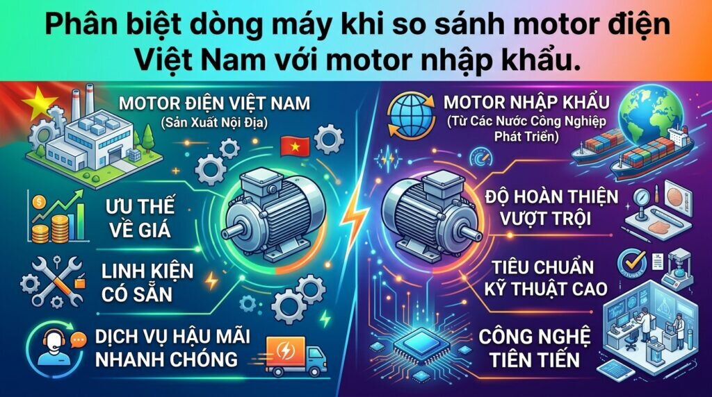 Phân biệt dòng máy khi so sánh motor điện Việt Nam với motor nhập khẩu.