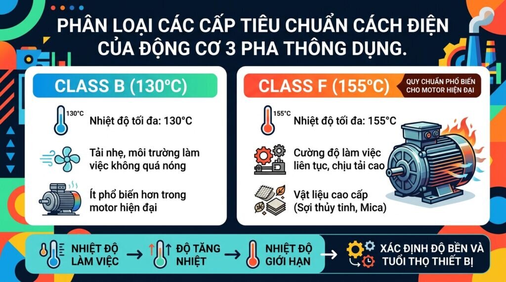 Phân loại các cấp Tiêu chuẩn cách điện của động cơ 3 pha thông dụng.
