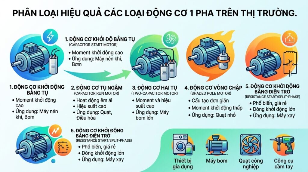 Phân loại hiệu quả các loại động cơ 1 pha trên thị trường.